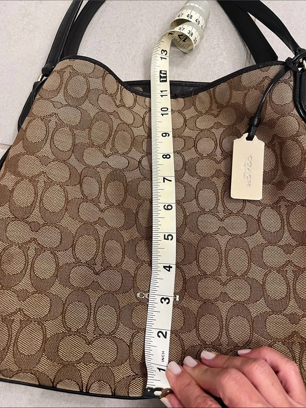 Coach Brown Signature Canvas Shoulder Bag with Brown Leather Trim